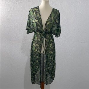 Sheer Green Leaf Print Kimono